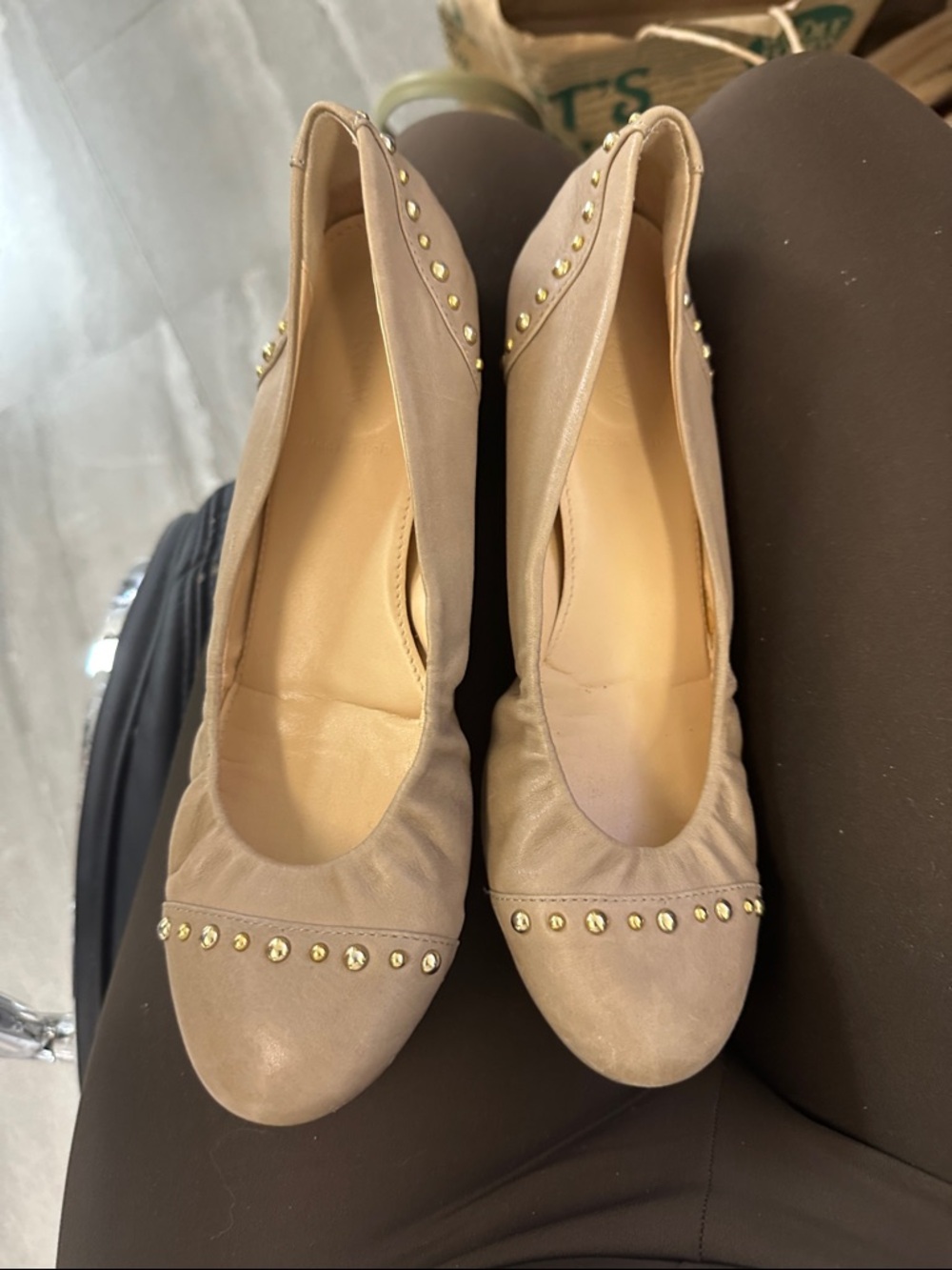J. Crew Taupe Ballet Flats with Gold Studs